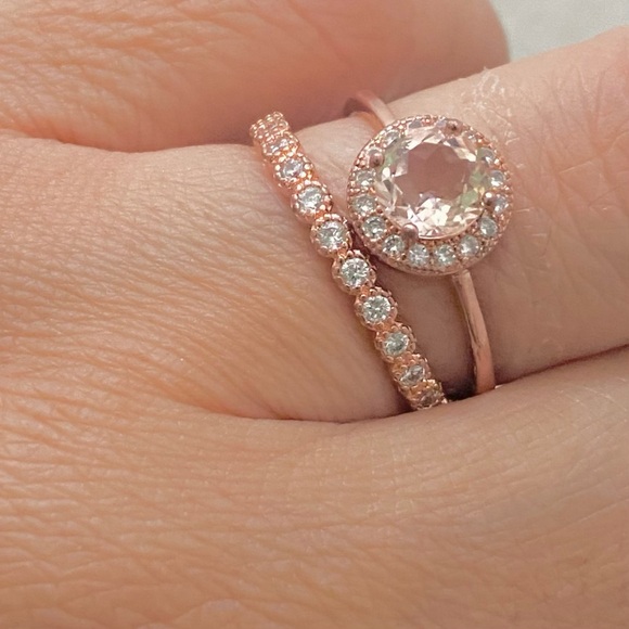Morganite 925 Rose Gold Solitaire & Eternity Engagement Ring Set Size 7 3g - Picture 4 of 16